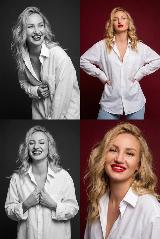 Коллаж из четырёх студийных портретов одной женщины, расположенных в сетке 2×2. Не меняй внешность, цвет и текстуру волос. Все кадры сняты в модном editorial-стиле. Образ — естественная красота, лёгкая небрежность, живые эмоции.
Женщина имеет естественный макияж с акцентом на красные губы. На ней белая очень свободная рубашка мужского кроя на несколько размеров больше, частично расстёгнутая, подчёркивающая линию декольте. В отдельных кадрах она слегка придерживает рубашку руками.
Эмоции и позы:
Верхний левый кадр — чёрно-белый, она наклоняется вперёд, смеётся, взгляд в сторону, живой момент.
Верхний правый — цветной, красный студийный фон, руки на бёдрах, уверенный фэшн-портрет. Снято с нижнего ракурса. Видно часть ее светлых джинс.
Нижний левый — чёрно-белый, она смеётся с закрытыми глазами, держит рубашку у груди, расслабленная поза.
Нижний правый — цветной, крупный портрет, легкая улыбка, слегка наклонила голову в сторону, тёплая улыбка, акцент на губах.
Фон: для цветных кадров — глубокий красный студийный фон, для чёрно-белых — нейтральный тёмный фон.
Освещение: мягкий студийный свет, подчёркивающий текстуру кожи, волосы и складки рубашки. Без жёстких теней.
Композиция: кадры слегка разные по ракурсу, создают ощущение живой съёмки backstage.
Стиль: fashion editorial, lifestyle, natural sexy, cinematic soft light, analog photo vibe, magazine photoshoot, ultra realistic, high detail, skin texture visible, 8k. Волосы распущены и уложены в объемную естественную укладку