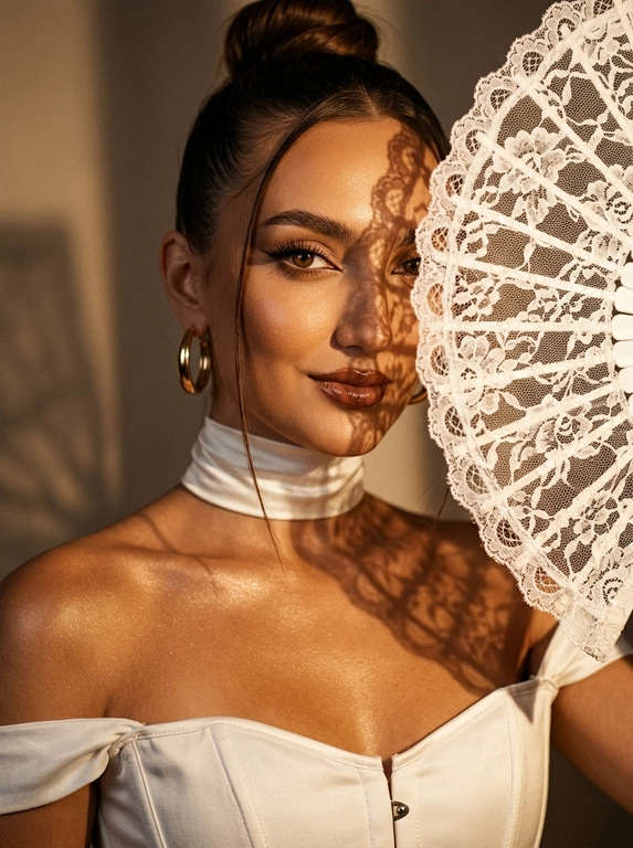 Ultra realistic beauty editorial portrait. Крупный портрет модели: лицо, шея и плечи, лёгкий наклон камеры. Белый кружевной веер частично закрывает лицо, создавая чёткие lace shadows на щеке, глазе, шее и ключице.
Белый структурный корсет с открытыми плечами и плотный satin neck wrap, плотно облегающий шею.  Макияж: sharp eyeliner, длинные ресницы, glossy brown lips, сияющая бронзовая кожа с натуральной текстурой.
Тёплый направленный свет, глубокие тени, золотистый glow, крупные золотые серьги, cinematic contrast, subtle film grain, Vogue aesthetic, RAW realism, ultra detailed 8K, no plastic skin.

Какая будет прическа?: Волосы — sleek high bun с тонкой прядью у лица.