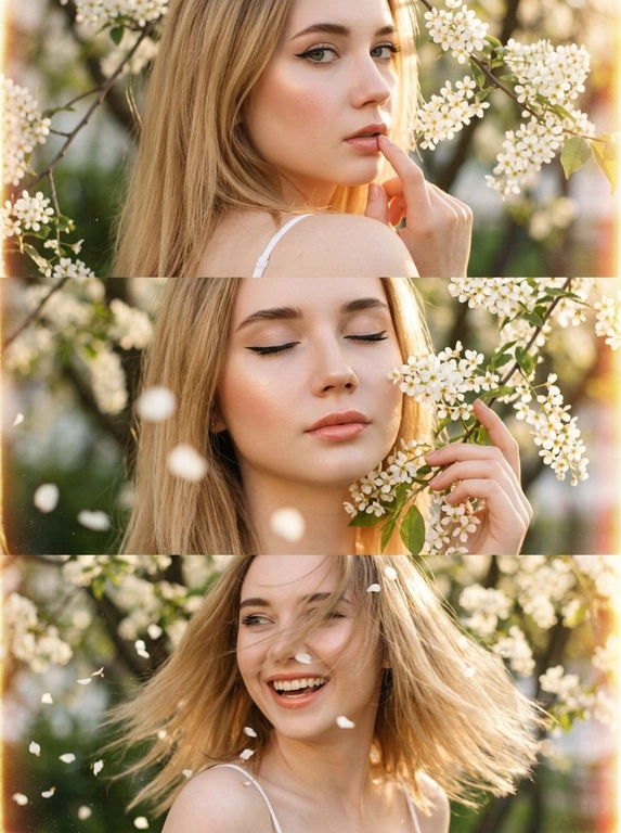 Создай  триптих из трёх кадров, расположенных под друг другом все кадры — крупный план (close-up portrait), единая стилистика и цветовая палитра. Весенняя атмосфера, цветущая черёмуха. Лицо освещено мягким боковым светом. Акцент на макияже глаз — изящные стрелки. Кожа светится естественным сиянием. Волосы мягко подсвечены контровым светом.
Макияж — свежий ретро-гламур: тонкая стрелка, аккуратно подчеркнутые ресницы, нежно-розовые губы с мягким блеском, лёгкий румянец.  Одежда - видны фрагменты белого верха на тонких бретельках.
Кадр 1 (верхний)
Экстремально крупный план лица со спины.  Она стоит спиной к камере, голова повернута в сторону плеча, палец касается губ под ветвями цветущей черёмухи. Нежные белые соцветия обрамляют лицо.
Кадр 2 (средний)
Крупный план, она закрывает глаза и слегка касается ветки черёмухи у щеки. Лепестки частично в фокусе на переднем плане.
Кадр 3 (нижний)
Крупный портрет в движении — лёгкий поворот головы, волосы развеваются от ветра падая на лицо и скрывая его часть, несколько лепестков черемухи в воздухе и в волосах, корпус наклонен к камере она смеется.
Стиль и обработка всех кадров:
Сцена имеет эстетику винтажного фильма с мелким зерном. 
все три фото фото залито солнечным светом, сильное плёночное зерно, тёплая винтажная цветокоррекция, лёгкая засветка по краям кадра, высокая детализация кожи, естественная текстура, гармоничная композиция триптиха.

Прическа::  Не менять прическу человека на фото.