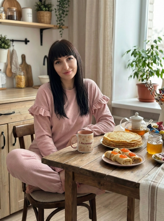   Фотореалистичное фото: девушка сидит на кухне за столом по-турецки на стуле, уютная домашняя атмосфера. Волосы как на фото, чёлка как на фото. Она в расслабленной позе, тёплый живой взгляд, ощущение уюта и спокойствия.
На столе — стопка блинов, мёд, рулетики из блинов с икрой, чай и сладости. Домашняя сервировка, натуральные текстуры. Кружка с чёткой надписью: «С Масленицей!».
Мягкий дневной свет из окна, тёплые оттенки, высокая детализация, lifestyle-реализм, без лишних людей и логотипов. Девушка в домашнем костюме нежно розовом с рюшами.