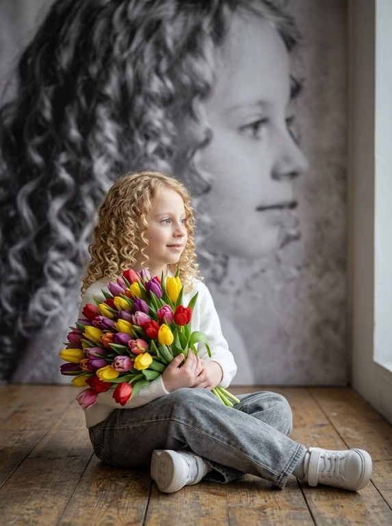 Создай портрет, не меняя черты лица, и превратите его в художественный портрет.
Ребенок сидит на полу в изящной позе, в белой кофте, мягких свободных серых джинсах и белых спортивных кроссовках. Ребенок держит в руках огромный букет ярких разноцветных тюльпанов.
Выражение лица — лёгкая улыбка, ребенок смотрит в сторону. 
Фон — тот же его профиль, в мягком крупном чёрно-белом художественном стиле, крупный план сбоку.
Композиция должна быть художественной, мягкой, реалистичной.
Создай изображение, которое выглядит как настоящая фотография. 
Не меняй черты лица.