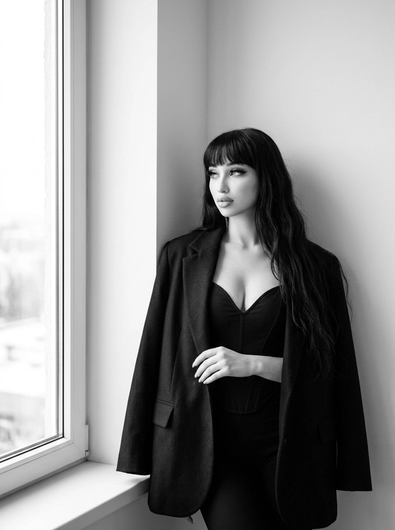 Женщина слегка наклонилась к стене в углу комнаты. Сохрани лицо и черты лица с оригинального фото. На ней надет большой чёрный пиджак, накинутый на плечи, и чёрный лаконичный топ-корсет с V-образным вырезом. Женщина стоит, смотря в сторону окна вдаль, выражение лица спокойное и уверенно задумчивое. Она слегка опирается на стену, положив руку на пиджак. Комната светлая, с большими окнами слева, пропускающими естественный свет. Общая атмосфера спокойная и стильная, подчёркивающая элегантность и минимализм. Положение женщины в кадре — справа от центра. Освещение мягкое, естественное, создающее ощущение минимализма и простоты. Фотография выполнена в чёрно-белом стиле, подчёркивающем контрасты и текстуры. Атмосфера спокойная, элегантная и немного загадочная. Максимально близкий ультрареалистичный 8K портрет.