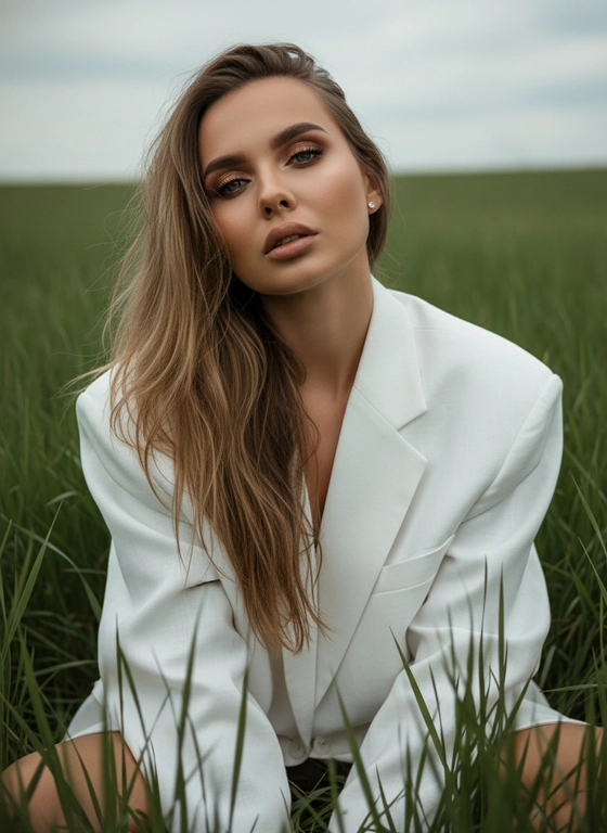 Фотосессия женщины в стиле модной съемки на открытом воздухе. Она позирует на поле с высокой зеленой травой, Цветовая гамма землистая и насыщенная, с оттенками зеленого и коричневого. Женщина одета в белый объемный жакет. Сидит в траве, Макияж естественный, в коричневых оттенках. Кожа сияет. Волосы распущены,  развеавются на ветру. Fashion editorial, vogue style, old money, cinematic lighting, 8K, ultra-realistic. Очень крупный план: она слегка подняла взгляд ,Глаза всё равно направлены в камеру, лёгкая игра света и тени на лице. Пасмурная погода