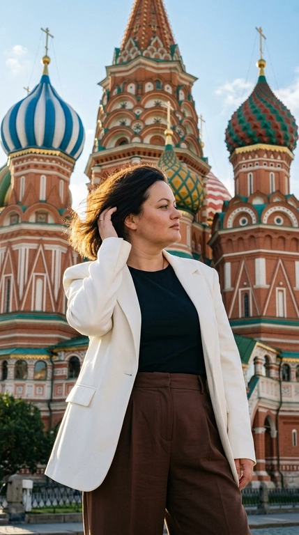 Фотореалистичная атмосферная фотография женщины на фоне Собора Василия Блаженного в Москве. Женщина стоит спиной и боком к камере, корпус развёрнут от объектива, голова повернута в профиль вправо, взгляд направлен вдаль. Одна рука поднята к волосам, пальцы легко касаются прядей у лица.

Волосы слегка развеваются на ветру и подсвечены солнцем.

Макияж soft glam: естественная текстура кожи, мягкий румянец, аккуратные брови, тонкая коричневая стрелка, выразительные ресницы и натуральные пудрово-розовые губы.

На женщине структурированный белый жакет свободного кроя с чёткой линией плеч, надетый поверх лаконичного топа. Низ — широкие брюки глубокого шоколадного оттенка с высокой посадкой и мягкими складками. Образ современный, чистый и более fashion.

Собор Василия Блаженного занимает большую часть заднего плана, хорошо читаются красно-белые фасады и разноцветные купола. Женщина расположена в нижней центральной части кадра, архитектура эффектно возвышается над ней.

Камера находится немного ниже уровня плеч и снимает слегка снизу вверх, подчёркивая масштаб собора. Средний план, женщина показана примерно от бёдер.

Яркий солнечный дневной свет. Солнце находится сбоку и немного сзади, создавая золотистый контровой свет по волосам и плечам, естественные блики и мягкие тени на лице.

Чистое голубое небо, лёгкая летняя дымка, натуральная городская атмосфера, высокая детализация архитектуры, реалистичная текстура кожи и волос, лёгкая плёночная обработка, живой travel-fashion кадр без AI-эффекта.