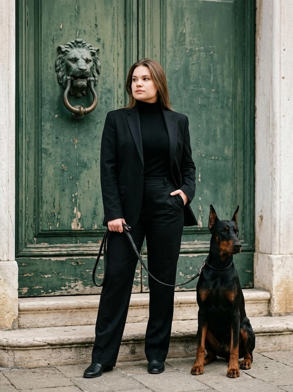 Кинематографический портрет по пояс, мелкое плёночное зерно, высокая детализация.
Модель стоит у массивной облупившейся зелёной деревянной двери старинного венецианского палаццо. Дверь с патиной, массивная бронзовая ручка в виде львиной головы, каменные ступени.
Модель в чёрном классическом мужском костюме с водолазкой под ним, небрежно расстёгнутом, одна рука в кармане, в другой держит поводок. Рядом спокойно сидит её доберман.
Задумчивый уверенный взгляд прямо в камеру, мягкий естественный свет, лёгкие тени, кинематографическая атмосфера, плёночное зерно, снято на среднеформатную камеру, 85mm объектив, мягкий контраст, реалистичная текстура ткани и дерева.
