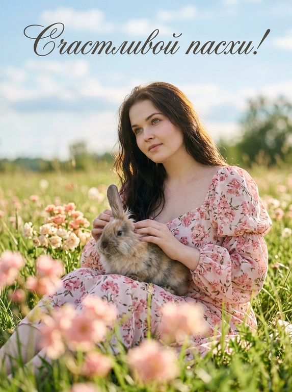 Фотореалистичная fashion editorial фотография в мягком кинематографичном ключе, оформленная как красивая пасхальная открытка. 
Модель сидит в цветущем летнем лугу по пояс в траве, корпус слегка повернут в 3/4, голова нежно наклонена; на её коленях расположен кролик, она мягко гладит его обеими руками, кролик удобно устроился, его пушистая шерсть хорошо читается, одно ухо приподнято.
Кадр вертикальный, средний план (от талии, бедер до макушки) камера на уровне глаз или чуть ниже, лёгкий наклон вверх, центральная композиция с мягким смещением героини влево. Передний план заполнен размытыми розовыми цветами, создающими воздушное боке и глубину.
Объектив портретный 50-85 мм (полнокадровый экв) натуральная перспектива без широкоугольных искажений; малая, средняя глубина резкости, точный фокус на лице и кролике, фон плавно размывается, передние цветы сильно размыты.
Освещение естественное дневное «golden hour», мягкое солнце, тёплый ключевой свет сбоку и немного сверху, нежные тени без жёстких контрастов, лёгкий контровой свет подсвечивает контуры и создаёт тонкий ореол на волосах и кроличьей шерсти, мягкие блики на коже и ткани.
Цветовая палитра пастельная и воздушная: небесно-голубое небо, свежая зелень, розово-персиковые и кремовые оттенки цветов и платья, лёгкая тёплая тонировка, чистые светлые хайлайты, умеренная насыщенность, лёгкий film look с тонким матовым эффектом в тенях и аккуратным зерном.
Выражение спокойное и мечтательное, губы расслаблены, ощущение нежности и умиротворения.
Одежда: лёгкое романтичное платье в стиле cottage core, светлая ткань с нежным розовым цветочным принтом, объёмные рукава, мягкие складки и драпировка.
Окружение: густой луг с множеством мелких розовых и белых полевых цветов, высокая трава, голубое небо с мягкими облаками, лёгкое движение травы и волос от летнего ветерка.
В верхней части кадра размещена элегантная каллиграфическая надпись на русском: аккуратный праздничный шрифт, гармонично вписанный в композицию.

Какая будет надпись?: Счастливой пасхи!