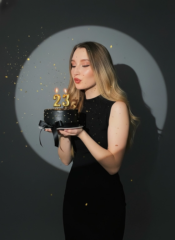Фотореалистичный портрет женщины с точно таким же лицом, чертами, выражением и цветом волос, как на исходной фотографии - ничего не изменять. Атмосфера - день рождения: мягкий блеск свечи отражается на её лице, в воздухе лёгкие золотистые блёстки, создающие праздничное сияние. Фон темно-серый. Освещение студийное, контрастное, с кругом света на фоне, создающим выразительную тень. Волосы - волнистые, мягко подсвечены. Она немного стоит полубоком. Женщина держит в руках маленький праздничный торт, украшенным чёрными лентами и изящной цифрой из золотых свечей; Она сдувает свечу. Она одета в черное платье без рукавов. Свечки в виде цифр 23.