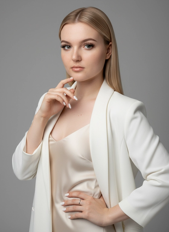 Не менять черты лица. Студийный портрет с мягким освещением. Девушка с нежными чертами лица, цвет волос блонд, длинные прямые блестящие волосы с прямым пробором по середине, волосы собраны за уши. Белоснежная чистая кожа с небольшими веснушками на лице. Белый строгий пиджак кимоно. Под пиджаком надето шелковое платье на брительках молочного оттенка. Лицо в три четверти, прямая осанка, правая рука мягко лежит на бедре, левая рука мягко касается подбородка указательным пальцем, на безымянном пальце серебряное кольцо в минималистичном стиле. Маникюр средней длины, белый французский маникюр.
Сделать акцент на длинных натуральных ресницах. Макияж нежный нюдовый. Придать небольшой блеск на губах плампером , цвет губ легкий бежевый, ближе к естественному оттенку губ