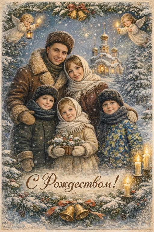 Создай винтажную рождественскую открытку со всеми людьми или одним человеком из предоставленных фотографий. Стиль - советские сказочные открытки 1950-1970-х годов, мягкая живописная иллюстрация, ощущение тепла и уюта. Композиция и формат: • Персонажи остаются в центре композиции • Фон - православная церковь, зимняя сказочная атмосфера Лица: • Лица сохранить максимально похожими на оригинальную фотографию (one-to-one likeness) • Без изменения черт лица, возраста и эмоций • Реалистичное сходство, аккуратная художественная стилизация без искажений. Одежда и образы: • Заменить современную одежду на старинную зимнюю советскую одежду. Если человек- женского пола , то добавь белый платок на голову. ⁠ Декор и детали:  • Хвойные ветки • ангелочки в сказочном стиле, церковные свечки • Лёгкий снег, морозные узоры Цвет и атмосфера: • Светлая, зимняя, мягкая цветовая палитра • Пастельные оттенки, эффект старой бумаги, легкое зерно • Сказочное, теплое новогоднее настроение  • Шрифт - изящный, рукописный, сказочный, в стиле советских открыток. Надпись: «С Рождеством!»