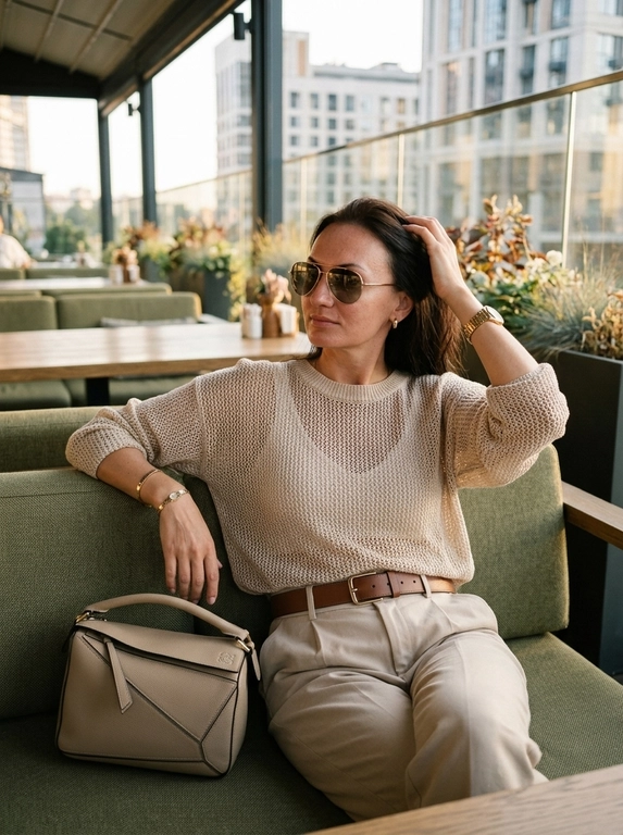 Ультрареалистичный дорогой lifestyle-снимок, средний план стильной женщины, сидящей на современном обитом оливково-зелёном диване в дорогом ресторане на открытом воздухе. Женщина позирует естественно, смотрит в сторону, одна рука мягко касается волос. 
Аксессуары: золотые серьги-кольца, изящные золотые часы и золотой браслет на запястье. Рядом на диване лежит структурированная бежевая геометричная сумка.

На женщине  короткий полупрозрачный вязаный свитер бежевого оттенка, надетый поверх лёгкого минималистичного топа. Низ — бежевые брюки с высокой посадкой, дополненные коричневым кожаным ремнём. Образ выглядит мягко, дорого и расслабленно.

На заднем плане — мягко размытые современные городские здания и стеклянные стены. Освещение естественное, вечернее, в золотой час, мягкое и тёплое. Кожа загорелого оттенка, сияющая, с высокой реалистичной детализацией. Живое фото, без глянцевой ретуши лица.

Общий стиль фотографии — современный, дорогой, эстетичный fashion lifestyle. Цветовая гамма приглушённая. RAW, лёгкая плёночная фактура, деликатное зерно, высокая детализация кожи, ткани и интерьера.

Очки : На ней солнцезащитные очки-авиаторы.