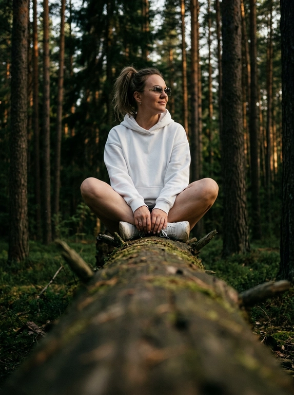 Объектив 35mm, f/1.8, камера расположена очень низко прямо вдоль массивного поваленного дерева, создавая сильную перспективу переднего плана — текстура коры крупно размывается к камере и уводит взгляд к модели. Модель сидит на бревне по-турецки, ноги скрещены перед собой, локти расслабленно опираются на колени, кисти свободно свисают между ног. Корпус слегка подан вперёд, плечи расслаблены, голова повёрнута в сторону, на лице мягкая улыбка без зубов, взгляд направлен вдаль мимо камеры, создавая спокойную уютную атмосферу caught candid moment. На ней белое oversize худи из плотного премиального хлопка с объёмным капюшоном и длинными рукавами, синие свободные джинсы с потёртостями и слегка выцветшей текстурой денима, на ногах белые кроссовки в стиле New Balance с массивной подошвой. На глазах узкие прямоугольные солнцезащитные очки Miu Miu без оправы с серыми зеркальными стёклами. Высокие хвойные деревья вокруг, cinematic forest atmosphere, тёплый вечерний свет проходит сквозь ветви, глубокие тени и мягкие золотисто-коричневые оттенки, moody underexposed fashion photography, intentionally lowered exposure, rich shadows, subtle warm highlights, лёгкая плёночная зернистость, RAW photo, реалистичная текстура кожи, объёмное боке, luxury Pinterest editorial aesthetic.

Какая будет прическа?: Волосы собраны в высокий хвост