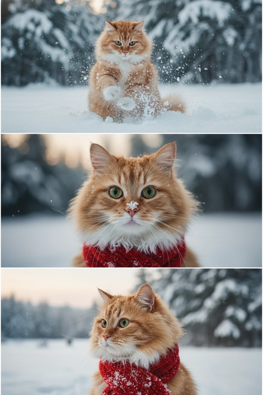     Коллаж из 3-Х фото моего питомца на зимнем фоне в снегу. Питомец в вязаном шарфе, вокруг падает снег, на заднем плане заснеженный лес.

Первый кадр — питомец в полный рост. Он играется со снегом 

Второй кадр — крупный план, увеличенный кадр мордочки питомца с одной снежинкой на носике. Мордочка питомца занимает весь кадр, взгляд прямо в камеру 
 
Третий кадр - портрет питомца, он смотрит в левую сторону. На фото виден шарф, на шарфу есть снежинки 

Три кадра объединены в вертикальный коллаж в едином тоне и свете. Атмосфера — реалистичная, теплая и немного кинематографичная.
Свет мягкий, утренний.  Цвет шарфа - красный 