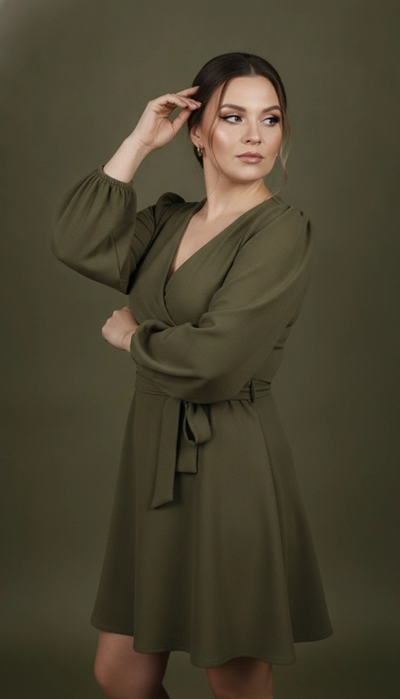 The woman stands half-turned, her body slightly turned, one hand raised to her face and touching her temple, the other hugging herself along the waist, creating a graceful line. The pose is static with a slight sense of movement, her gaze directed to the side. The shot is waist-high, shot at eye level, with the composition offset, emphasizing the face and hand gesture.

The woman's makeup: Eyeshadow in soft pastel shades (peach, beige, light pink) with a smooth transition to a darker tone at the outer corner of the eye. Black eyeliner with a slight wing accentuates the shape of the eyes. Her lashes are long and voluminous, thickly coated with black mascara. Her lips are coated with a soft pink gloss with a subtle shimmer.
A light highlighter is applied to the cheekbones, bridge of the nose, and above the upper lip for a healthy glow. Skin appears perfectly smooth, with a light, dewy finish that mimics a natural glow.
The woman's hair is neatly pulled back into a low, sleek bun, leaving a smooth texture, leaving fine strands of hair softly framing her face.

The woman is wearing an olive green minidress made of a soft textured fabric. It has a fitted silhouette with a flared hem (an A-line skirt). The sleeves are voluminous and long, with soft pleats. A tie at the waist is made of the same fabric, and the neckline is V-shaped.

The backdrop is a studio background in a muted olive green.

The lighting is soft studio lighting, with the main light coming from the front and slightly to the side, evenly illuminating the face, creating soft shadows and smooth transitions. The contrast is low, highlighting the volume and texture of the fabric.

Shot with a 50mm portrait lens, shallow depth of field, focus on the face, softly blurred background, high detail of skin and fabric, portrait fashion photography, highly detailed, photorealistic.

Soft studio portrait mood,
olive green monochrome palette,
low to medium saturation with natural tones,
low contrast with smooth tonal transitions,
soft directional studio lighting,
very soft shadow edges with minimal depth,
clean texture with minimal grain,
smooth background with subtle blur,
natural cinematic color grading.