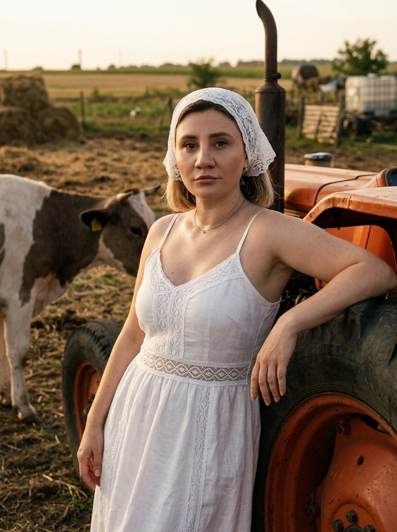 Кинематографичный фотореалистичный editorial-кадр с лёгким плёночным зерном. Женщина стоит рядом с оранжевым трактором, небрежно облокотившись на его большое колесо. Поза расслабленная, но уверенная, с выразительной fashion-подачей. Взгляд направлен прямо в камеру, создавая ощущение силы, спокойствия и лёгкой интроспекции. Макияж безупречный: акцент на глаза, губы оттенка пыльной розы, деликатное сияние на коже, лёгкий шиммер в зоне декольте. Фон — трактор, поле и сено, создающие атмосферу деревенского шика и модной съёмки с rural editorial-настроением. Свет золотого часа мягко ложится на лицо и тело, создавая красивые тени, тёплые контрасты, глубину и объём. Атмосфера кадра стильная, тёплая, немного драматичная и очень эстетичная. Фотореализм, высокая детализация, натуральная текстура кожи, cinematic color grading, editorial fashion photography, golden hour, RAW style.

Какая будет одежда?: На голове белая ажурная косынка. На ней белый льняной сарафан с кружевными деталями, лёгкий и женственный, подчёркивающий естественную элегантность образа.

Доп. характеристики: Рядом с коровой