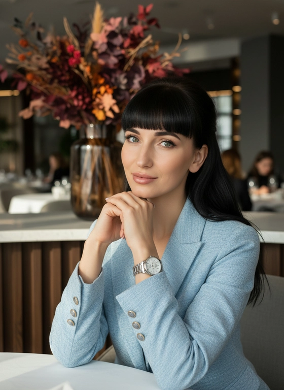 Использовать входное изображение строго только как референс идентичности.
Ультра-фотореалистичный портрет лайфстайл.
Эстетика: современная, элегантная, уютная, снято на качественную камеру.
Стиль естественный, спонтанный, современный.
Кадр выглядит как реальный момент. средний план. на уровне глаз. С бокового угла
естественная перспектива объектива. женщина сидит за столом, слегка наклонившись вперед.
руки сложены на столе, кисти у подбородка.
прямой взгляд в камеру.
Момент ощущается спонтанным и неподготовленным.
светло-голубой текстурированный блейзер с золотистыми пуговицами на манжетах. Серебристые наручные часы с заметным циферблатом на левом запястье.текстурированная ткань (для блейзера)
Чётко видимая текстура ткани.
Волосы как на фото, обрамляющие лицо частично его закрывая с объемом у корней и косым боковым пробором. Челка как на фото.
Макияж натуральный, с ухоженными бровями и полными губами естественного оттенка с блеском.
интерьер ресторана
Время суток дневное.
Атмосфера приятная, слегка интимная, стильная.
Элементы фона: большая декоративная ваза с сухими цветочными композициями (темно-красные и оранжевые листья), размытые элементы интерьера и другие посетители на заднем плане. мягкий естественный свет из окна.
фронтально или слегка сбоку.мягкий, рассеянный, создающий приятную атмосферу.
светло-голубой, темно-красный, оранжевый (декор), серебристый (часы), нейтральные тона интерьера.
Настроение и эмоция: спокойствие, приветливость, элегантность, уверенность.
Ультра-фотореалистичный рендеринг.
Высокая детализация, реалистичные текстуры.
Малая глубина резкости, сфокусированная на женщине.
Phone camera look
