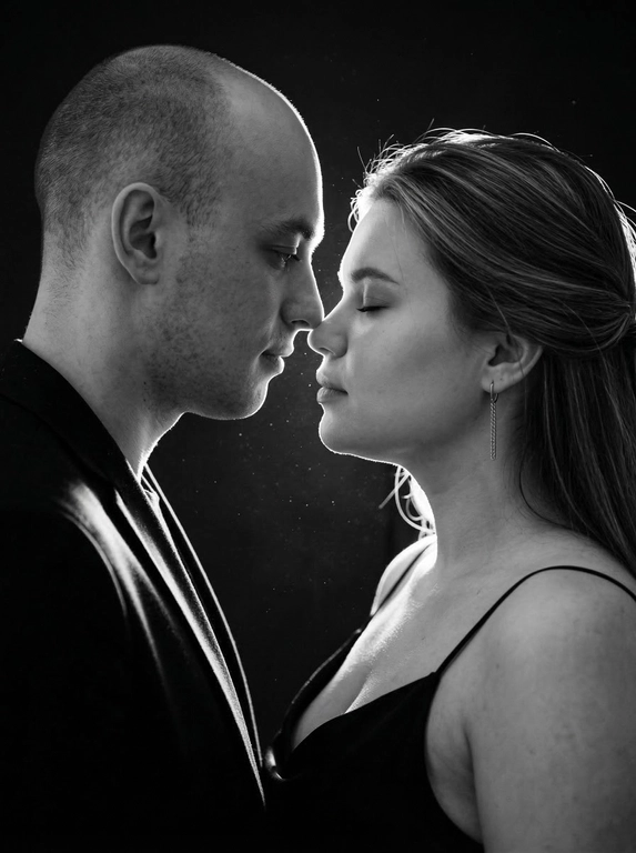 Фотореалистичный чёрно-белый кинематографичный портрет пары в тёмной студии. Сохранить внешность по загруженным фото: черты лица, пропорции, возраст, форму глаз/носа/губ, текстуру кожи и естественную мимику — без идеализации и изменений.
Крупный план по пояс, профиль к профилю. Мужчина слева, женщина справа. Они стоят очень близко, лбы и кончики носов почти соприкасаются, момент «перед поцелуем». Взгляд опущен (не в камеру): он смотрит вниз/на её губы, она закрывает глаза или смотрит вниз, выражение тихое и нежное. Между ними минимальная дистанция, без улыбок, атмосфера интимная и спокойная.
Мужчина в тёмной рубашке/пиджаке. Женщина в чёрном платье/топе на тонких бретелях, открытые плечи, серьга-цепочка, кожа с естественным бликом.
Свет: жёсткий контровой/рисующий свет сзади и чуть сбоку (rim light), сильная световая окантовка по волосам и профилям, передняя часть лица в мягкой полутени. В воздухе видны мелкие пылинки/частицы, подсвеченные контровым светом, лёгкий кинематографичный дым/хейз (очень деликатно). Фон полностью чёрный, без деталей.
Оптика/съёмка: 85mm, f/1.8-2.2, малая ГРИП, резкость на линии нос-лоб, остальное плавно уходит в мягкое боке.
Высокий контраст, глубокие чёрные, яркие хайлайты по волосам, плёночное зерно, лёгкий glow на контуре, без «пластика» и без пересвета на коже.