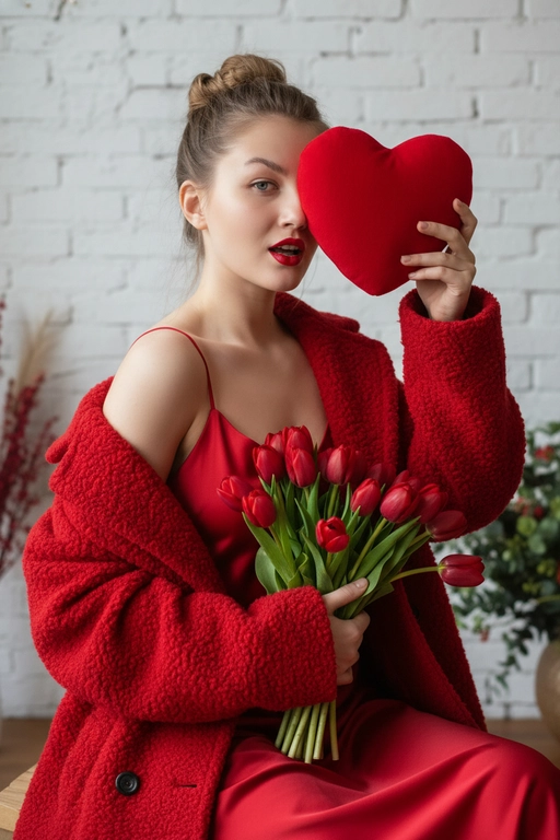 Профессиональная модная фотография в сверхвысоком разрешении, на которой женщина держит большой красный предмет в форме сердца, прикрывающий один глаз, и сжимает букет красных тюльпанов. Максимально сохранить все черты лица, сохраняя точные черты лица по образцу, мягкое естественное боковое освещение слева. нежные тени, портрет в три четверти с небольшим наклоном вверх, элегантное красное платье-комбинация на тонких бретельках под открытым текстурированным красным пальто оверсайз, уверенный игривый взгляд и ярко-красные губы, романтическое настроение, теплая красно-зеленая палитра на фоне белой кирпичной стены, бьюти-снимок из журнала, небольшая глубина резкости, четкий фокус на лице, Сверхдетализированная профессиональная фотография в формате 8K.