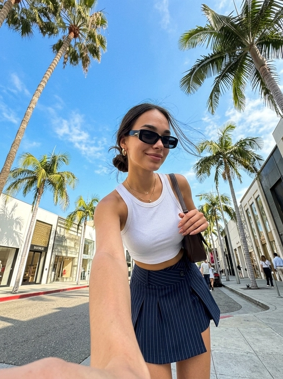 Without changing the woman’s facial features from the reference photo, create an ultra-realistic luxury California street portrait captured on an iPhone 16 Pro Max using an ultra-wide fisheye lens.

A woman is standing on a sunny palm-lined boulevard surrounded by tall California palm trees beneath a vivid blue sky. Same facial features as the reference image.

Very rich chestnut hair reaching slightly below the shoulder blades, deep chestnut brown color, thick glossy healthy texture, styled into a relaxed messy low bun with loose face-framing strands and soft wispy pieces blowing naturally in the wind. Same chestnut brown hair color in every image, consistent character appearance.

Face highly detailed and realistic: visible pores, natural skin texture, laminated brows, soft warm brown eyeshadow, elegant fox-eye eyeliner, long wispy lashes, softly sculpted cheekbones with natural bronzer, glossy nude lips with warm brown liner and rosy center. No AI smoothing.

Outfit: fitted white ribbed cropped tank top, ultra-short navy blue pinstripe pleated mini skirt with asymmetric wrap detail.

Accessories: rectangular black sunglasses, layered delicate gold necklaces, small gold hoop earrings, dark brown leather shoulder bag with thin strap worn over one shoulder.

Manicure: medium almond-shaped nails painted glossy nude beige.

Pose: standing confidently while holding the smartphone low with one fully extended arm, creating a dramatic ultra-wide selfie perspective. One hip slightly pushed to the side, shoulders relaxed, head tilted slightly downward toward the camera with a confident expression.

Camera angle: extreme low-angle ultra-wide fisheye selfie from below, creating exaggerated perspective with the arm extending toward the lens and tall palm trees curving dramatically around the frame.

Lighting: bright California afternoon sunlight, authentic iPhone HDR, crisp natural shadows, vibrant blue sky, cinematic contrast, subtle highlights across the skin.

Background: iconic palm-lined boulevard, clear blue sky with scattered white clouds, modern white buildings, wide street, luxury West Coast atmosphere.

Photorealism, authentic iPhone 16 Pro Max photography, ultra-wide fisheye lens effect, raw photo, visible skin texture, slight digital noise, realistic shadows, candid luxury street fashion aesthetic, not studio photography, highly detailed face, hair, clothing, accessories and hands.