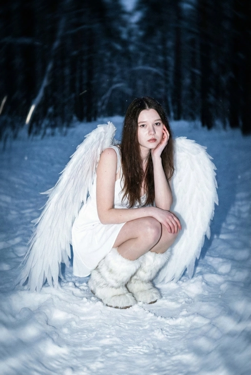  Создай фото человека на основе загруженной фотографии.
Белое платье без рукавов, пушистые белые сапоги, большие белые крылья, опущенные вниз, шире плеч.
Сидит на корточках на снегу, рукой касается щеки. На заднем плане заснеженный лес.
Ночная улица, тёмный размытый фон, вспышка.
Мягкое нечеткое фото: шум, зерно, лёгкое размытие, холодная атмосфера.