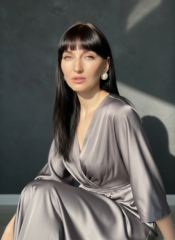 создай портрет, не меняя черты лица. Прическа как на фото. кинематографический портрет крупным планом, Модель сидит в расслабленной позе, слегка наклонив туловище вперед, смотрит в камеру, губы слегка приоткрыты, подбородок немного приподнят.  На ней струящееся шелковое платье серого увета.  Яркий солнечный свет освещает ее лицо. Крупные жемчужные круглой формы серьги переливаются на солнце. Фон - темно-серая стена с мягким акцентом и едва заметными солнечными бликами. Атмосфера утонченная и кинематографичная, она создает ощущение современного шика и внутреннего покоя. Цветовая палитра включает графит, жемчужно-белый и теплую бронзу, а мягкий свет подчеркивает сияние кожи и ткани.