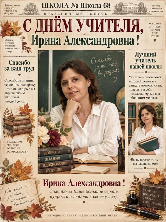 Создай красивую праздничную школьную газету ко Дню учителя.

ФОТО-РЕФЕРЕНС:
Используй прикреплённую фотографию модели Ирина Александровна  как строгий референс внешности.

Максимально точно сохрани лицо, черты лица, возраст, причёску, цвет волос и узнаваемость модели.

На всех изображениях должна быть ОДНА И ТА ЖЕ модель — Ирина Александровна .

Если на газете используется несколько фотографий, покажи модель в разных естественных ракурсах и позах, но с абсолютно стабильной узнаваемой внешностью.

КОМПОЗИЦИЯ:

Оформление как у настоящей коллекционной винтажной печатной газеты, но в современной премиальной подаче.

Формат 3:4, вертикальный.

В верхней части:
ШКОЛА №Школа 68
ПРАЗДНИЧНЫЙ ВЫПУСК

Главный крупный заголовок:

С ДНЁМ УЧИТЕЛЯ, Ирина Александровна !

Сделай одно большое центральное фото модели главным визуальным акцентом.

Дополнительно размести 2 небольших газетных фотокадра этой же модели, сохранив черты лица и внешность:
— доброжелательный портрет;
— модель с книгой или тетрадями;
— естественный кадр в красивом школьном интерьере.

Не повторяй одну фотографию несколько раз — изображения должны выглядеть как разные фотографии одной фотосессии.

СТИЛЬ:

premium vintage newspaper
luxury editorial
old European newspaper aesthetic
тёплая фактурная бумага цвета слоновой кости
элегантная газетная типографика
тонкие линии-разделители
аккуратные колонки
много воздуха
дорогая журнальная композиция

Газета должна выглядеть как настоящий памятный коллекционный выпуск, который хочется сохранить.

ЦВЕТОВАЯ ПАЛИТРА:

— тёплый бежевый
— ivory
— кремовый
— глубокий бордовый
— тёмно-зелёный
— графитово-чёрный
— приглушённые золотисто-коричневые осенние оттенки

ДЕКОР:

Очень деликатно добавь:
— несколько осенних листьев
— старинные школьные книги
— перьевую ручку
— небольшие ботанические элементы
— едва заметные винтажные газетные детали

Не перегружай страницу школьной атрибутикой.

ТЕКСТОВЫЕ БЛОКИ:

Добавь небольшие красиво свёрстанные газетные материалы:

«Спасибо за ваш труд»

Спасибо за знания, терпение, поддержку и тепло, которые вы дарите своим ученикам каждый день.

«Лучший учитель нашей школы»

Учитель — это человек, который помогает увидеть возможности, поверить в себя и сделать первые шаги к большим мечтам.

Небольшая цитата:

«Вы не просто учите — вы вдохновляете»

Отдельным красивым акцентом:
Ирина Александровна !
Спасибо за Ваше большое сердце, мудрость и любовь к своему делу!

ВАЖНО:

Все русские надписи должны быть написаны БЕЗ ОШИБОК.

Особенно точно сохранить:
ШКОЛА № Школа 68
Ирина Александровна 
«С ДНЁМ УЧИТЕЛЯ!»

Не придумывай фамилию, предмет преподавания, стаж работы, достижения или другие факты о модели.

Без случайных английских надписей.
Без логотипов.
Без водяных знаков.
Без современного рекламного дизайна.
Без визуального хаоса.

Финальный результат:
трогательная, эстетичная, премиальная школьная газета ко Дню учителя, посвящённая Ирина Александровна  из школы №Школа 68, похожая на специально созданный для модели памятный коллекционный выпуск.

Модель должна быть либо у школьной доски, либо за партой. На модели белая нарядная рубашка.