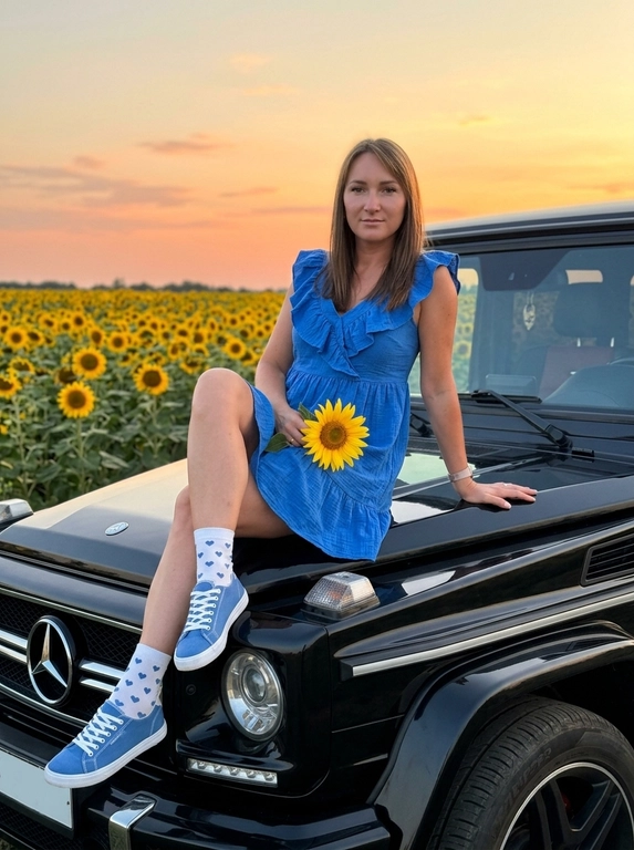 Реалистичное фото модели, сидящей на капоте черного автомобиля на фоне поля подсолнухов во время заката. Она одета в голубое облегающее платье с короткими рукавами и оборкой внизу. На ногах белые прозрачные носки с принтом черных сердечек и голубые кроссовки. Она сидит боком, одна нога согнута в колене и поднята, другая опущена вниз, одна рука опирается на капот автомобиля. На колене она держит большой яркий подсолнух с зеленым листом. Лицо в профиль, взгляд направлен в сторону, выражение спокойное и задумчивое. макияж естественный. На фоне бескрайнее поле цветущих подсолнухов и небо с градиентом от голубого к теплому оранжево-розовому на горизонте. Мягкий свет заката. Качество снимка как у iPhone 15 — лёгкий цифровой шум, мягкая резкость, лёгкая зернистость, придавая живой стиль реалистичного случайного снимка из соцсетей.

Какая будет машина?: Mercedes-Benz G-Class AMG (G63)
