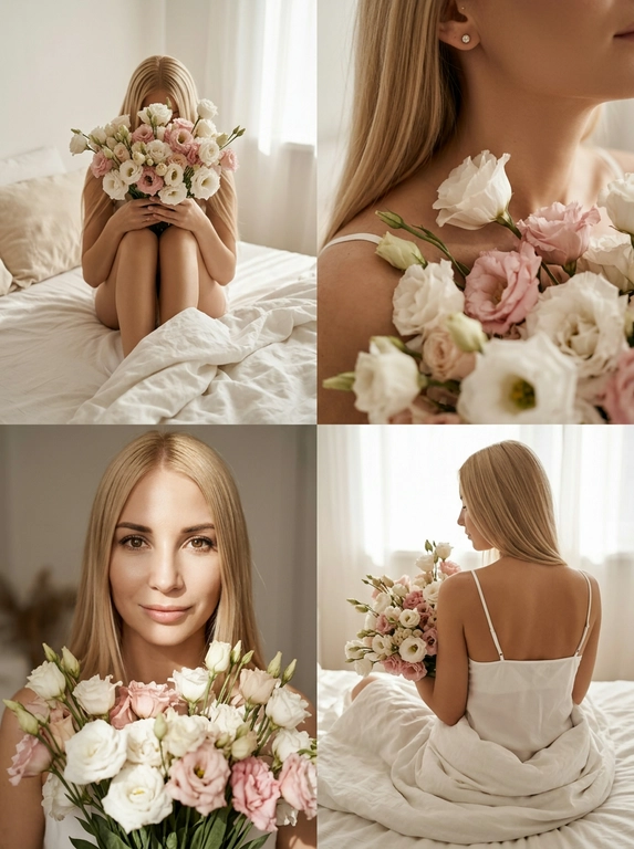 Используй загруженное фото для лица, строго сохрани идентичность, внешность, возраст, волосы, глаза. Коллаж из 4 вертикальных (соотношение 9:16) кадров в едином нежном, романтичном, богемном стиле "утра невесты". Цветовая гамма: теплые, приглушенные, землистые тона (бежевый, кремовый, белый, бледно розовый) с игрой мягкого света и теней.
Кадр 1 (Верхний левый): Человек сидит на кровати, обняв колени, лицо скрыто за большим букетом бело-розовых цветов (эустома/розы). Видна только макушка.
Кадр 2 (Верхний правый): Крупный план плеча, нежно прикрытого бело-розовыми цветами. Видна маленькая бриллиантовая серьга. Акцент на текстуре лепестков и ткани.
Кадр 3 (Нижний левый): Погрудный портрет. Человек смотрит в камеру с легкой улыбкой, держит букет у груди. Контрастный луч света освещает лицо и блики в глазах.
Кадр 4 (Нижний правый): Человек сидит спиной к камере, в белом топе с тонкими лямками, завернутый в белые простыни, с букетом. Голова чуть повернута влево. Акцент на линию спины и плеч. Мягкий свет подчеркивает контуры фигуры.
Сцена: Минималистичная спальня с белым или кремовым бельем.
Реалистичная телефонная съёмка высокого качества, малая глубина резкости, мягкое студийное освещение с контровым светом. Цвета: бежевый, кремовый, белый, бледно-розовый.