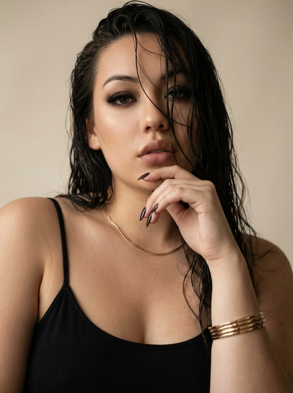   Студийный портрет женщины в стиле бьюти-съемки. Фон однотонный, светлый, слегка размытый. Атмосфера интимная и чувственная. Цветовая гамма нейтральная, с акцентом на естественные тона кожи и темные волосы.

Женщина одета в черную майку на тонких бретельках. На руке несколько золотых браслетов. На шее тонкая золотая цепочка.

Поза расслабленная, но в то же время выразительная. Одна рука согнута в локте и поднята к лицу, пальцы касаются подбородка. Взгляд направлен в камеру, немного исподлобья. Волосы влажные, уложены назад и частично спадают на лицо. Макияж выразительный, с акцентом на глаза, выполнен в темных тонах. На ногтях темный маникюр.