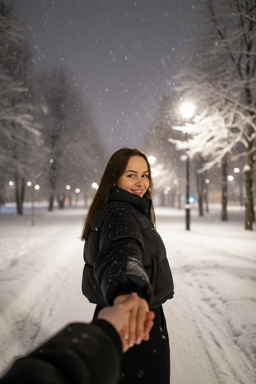 Создай на этом фото романтический и слегка меланхоличный момент, снятый от первого лица (POV) ночью, на фоне зимнего городского парка.
В центре кадра — девушка. Её лицо полностью открыто и хорошо видно. Девушка держит парня за руку и резко оборачивается через плечо, мило улыбается Взгляд направлен прямо в камеру
Одежда и детали:
На девушке объёмная укороченная чёрная куртка, выглядящая тёплой, уютной и современной, идеально подходящей для зимней ночной прогулки.
Взаимодействие:
На переднем плане видна рука парня — это рука человека, который делает снимок. Их пальцы переплетены, что создаёт классический сюжет «follow me» (следуй за мной) и подчёркивает близость пары. Рука парня одета в чёрную куртку с ребристыми манжетами.
Окружающая обстановка:
• Место: ночной заснеженный городской парк
• Пейзаж: справа — деревья, густо покрытые снегом, и уличные фонари с мягким тёплым светом
• Атмосфера: зимняя эстетика — прохладное, немного грустное, но очень уютное настроение. В воздухе видны крупные хлопья падающего снега, создающие ощущение движения и глубины кадра.
Общее впечатление:
Фотография передаёт момент прогулки, наполненной движением, ветром и эмоциональной близостью. Кадр выглядит как стоп-кадр из лайфстайл-блога или короткого видео для Reels/TikTok, где романтичное начало создаёт интригу и ощущение неожиданного поворота.