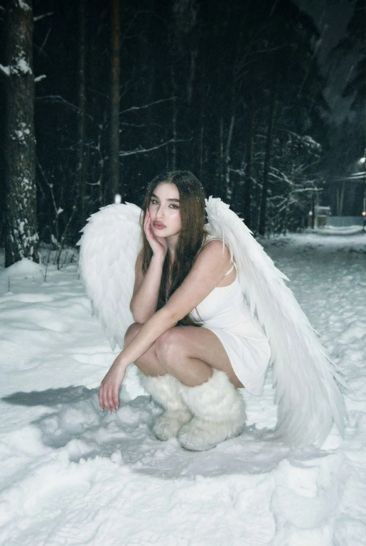 Создай фото человека на основе загруженной фотографии.
Белое платье без рукавов, пушистые белые сапоги, большие белые крылья, опущенные вниз, шире плеч.
Сидит на корточках на снегу, рукой касается щеки. На заднем плане заснеженный лес.
Ночная улица, тёмный размытый фон, вспышка.
Мягкое нечеткое фото: шум, зерно, лёгкое размытие, холодная атмосфера.