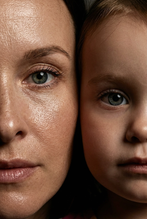   создай портрет, не меняя черты лица. Крупный план (extreme close-up) двух лиц людей, их лица прижатых друг к другу. Видны только половины каждого лица.
Драматичное освещение в стиле чиароскуро, глубокие тени.
Невероятная детализация кожи: видны поры, текстура, естественный блеск у женщины.
Выразительный взгляд прямо в камеру. Высокое разрешение, макросъемка, профессиональное студийное фото, 8K.

