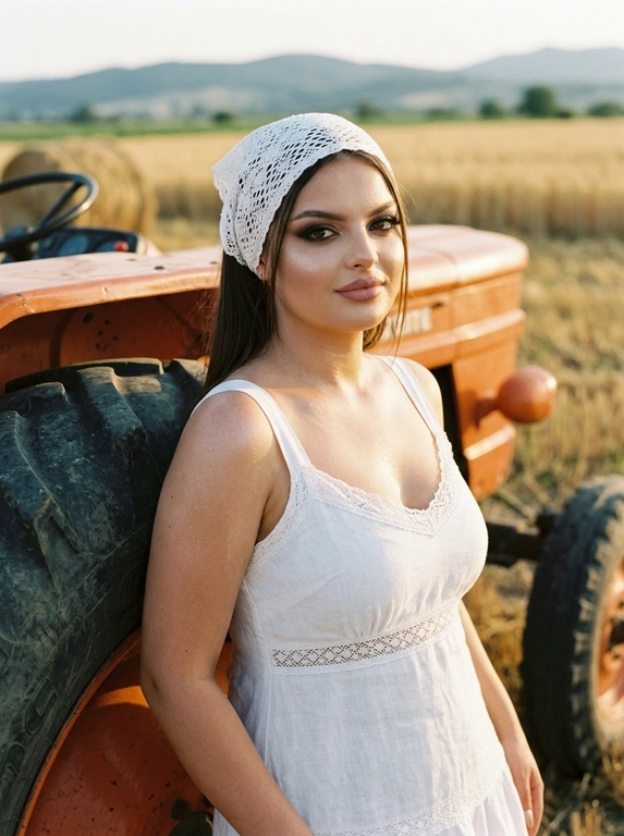 Кинематографичный фотореалистичный editorial-кадр с лёгким плёночным зерном. Женщина стоит рядом с оранжевым трактором, небрежно облокотившись на его большое колесо. Поза расслабленная, но уверенная, с выразительной fashion-подачей. Взгляд направлен прямо в камеру, создавая ощущение силы, спокойствия и лёгкой интроспекции. Макияж безупречный: акцент на глаза, губы оттенка пыльной розы, деликатное сияние на коже, лёгкий шиммер в зоне декольте. Фон — трактор, поле и сено, создающие атмосферу деревенского шика и модной съёмки с rural editorial-настроением. Свет золотого часа мягко ложится на лицо и тело, создавая красивые тени, тёплые контрасты, глубину и объём. Атмосфера кадра стильная, тёплая, немного драматичная и очень эстетичная. Фотореализм, высокая детализация, натуральная текстура кожи, cinematic color grading, editorial fashion photography, golden hour, RAW style.

Какая будет одежда?: На голове белая ажурная косынка. На ней белый льняной сарафан с кружевными деталями, лёгкий и женственный, подчёркивающий естественную элегантность образа.
