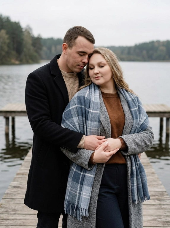 Фотография изображает пару на деревянном пирсе, возможно, у озера или реки. Стиль снимка — естественный, с мягким освещением и приглушённой цветовой гаммой, создающей атмосферу спокойствия и умиротворения. Кажется, это кадр из фотосессии, посвящённой отношениям.
Мужчина стоит позади женщины, обнимая её. Женщина стоит перед ним. Не менять причёску и сохранить черты лица. Руки мужчины обнимают женщину, его голова наклонена к её голове, создавая интимный момент. Руки женщины переплетены с руками мужчины.
Поза расслабленная, лица обоих выражают спокойствие.

Какая будет одежда?: Мужчина одет в чёрное пальто и бежевый свитер. Женщина одета в серый кардиган или пальто, накинутое поверх коричневого свитера или блузки, и тёмную юбку или брюки. Поверх кардигана наброшен большой клетчатый шарф в сине-серых тонах.