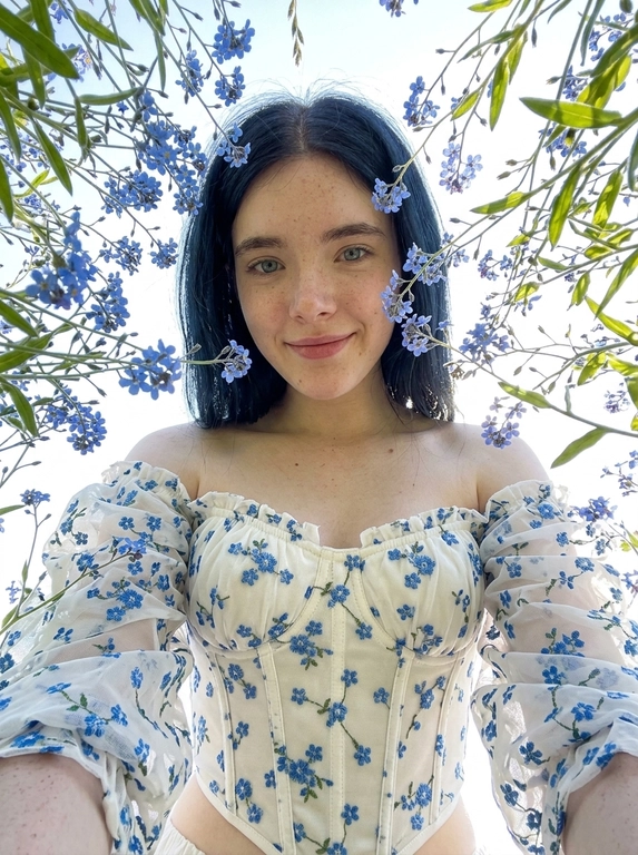 Создай портрет, не меняя черты лица. Экстремальный нижний ракурс (взгляд «из травы»), направленный вертикально вверх на женщину. Цветы тянутся к центру, свет проходит сквозь лепестки (эффект подповерхностного рассеивания). Женщина в белом корсетном топе с длинными рукавами-фонариками и открытыми плечами. Весь корсетный топ — в мелких голубых цветочках. На лице нежная улыбка. Акцент на деталях и коже: кожа детализированная. ISO 100 для отсутствия шумов, выдержка 1/2000 сек. Стиль National Geographic, мода. Гиперреализм, разрешение 8K.


Какие будут цветы?: Она окружена луговыми полевыми голубыми цветами — видны зелёные стебли. голубого цвета, слегка напоминают маки.