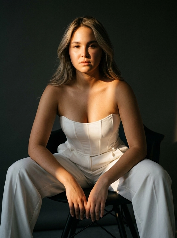 Фотореалистичная fashion-фотография женщины, внешность и черты лица максимально точно сохранить по загруженному референсу, возраст не менять. Женщина сидит в расслабленной уверенной позе на современном чёрном кресле, ноги широко расставлены, корпус слегка наклонён вперёд, предплечья лежат ближе к коленям, кисти рук свободно соединены перед собой. Минималистичная тёмно-серая студия, вокруг почти нет декора.

Главный художественный акцент — узкая полоса тёплого закатного солнечного света, проходящая диагонально через лицо, плечо и верхнюю часть груди. Одна часть лица ярко подсвечена золотистым солнцем, другая остаётся в глубокой мягкой тени. Очень выразительный светотеневой рисунок, cinematic chiaroscuro, драматичный контраст, глубокие тени, тёплые блики на коже. Спокойный уверенный взгляд прямо в камеру, слегка серьёзное выражение лица. Реалистичная кожа с естественной текстурой и порами, без пластиковой ретуши. Editorial fashion photography, luxury minimalism, cinematic mood, 50mm lens, f/2.0, ISO 100, высокая детализация, натуральные пропорции тела.

Какая будет одежда?: На женщине белый облегающий корсетный топ без бретелей с чёткими вертикальными швами и свободные белые брюки с высокой посадкой. Образ выглядит чисто, минималистично и дорого, с акцентом на графичный силуэт и контраст света и тени.