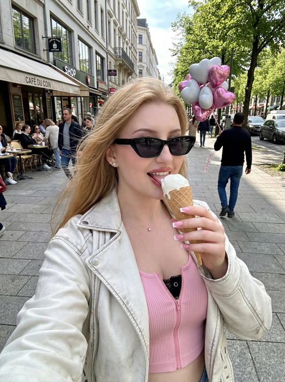 Не меняй внешность женщины с фото. Создай ультрареалистичный селфи портрет, на вытянутой руке. Волосы слегка развиваются от ветра. 
Макияж: аккуратно оформленные брови, нарощенные  ресницы в «лисьем» эффекте ,блеск на губах. На лице черные прямоугольные солнцезащитные очки кошачий формы. Маникюр- френч квадрат. В ушах серьги гвоздики- бриллианты. На шее тонкая леска с маленьким бриллиантом.
На ней обтягивающий нежно розовый кроп топ с растегнутой молнией спереди, сверху накинута оверсайз белая укороченная косуха с эффектом состаренности. 
В руке вафельный рожок с белым  шариком  мороженого. Маникюр розовый френч каадрат. Она гуляет по городской улице. Она игриво делает вид будто собирается лизнуть мороженое. 
На заднем плане видно большую площадь, с боку здания в ряд с магазинами, уличными кафе с навесами и тротуаром. По другую сторону зеленые деревья и дорога. В далеко видно человека (спиной) с большой охапкой фольгированных шаров белых и розовых, в форме сердец. Промт promtsmy. Освещение: яркое дневное, солнечный час, свет отбрасывает слабые тени, придавая глубину кадру. 
Ракурс снизу вверх. Фото снято на камеру Iphone 17 pro, эффект живого кадра. Легкий цифоровой шум, зернистость, мягкость и резкость. Эстетика инстаграмм.