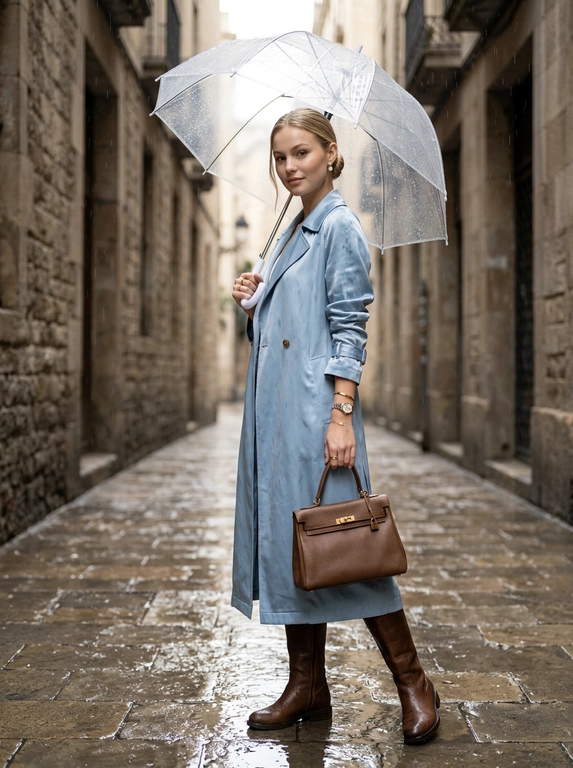 Medium-wide editorial street portrait in a rain-soaked stone alleyway under cool daylight. Wet cobblestones reflecting soft sky light while rain falls in fine visible streaks.

A model standing slightly off-center beneath an umbrella angled asymmetrically above the body. Weight shifted naturally into one hip creating elegant asymmetry. Direct gaze toward the camera with a composed slightly playful half-smile.

Hair styled in a sleek low chignon with a damp strand loose near the temple. Wearing a powder blue silk trench coat with glossy rain sheen and walnut leather boots darkened by rain. Pearl jewelry, cuff bracelet, luxury watch, and gold rings visible.

A walnut leather handbag held naturally at the side with metallic hardware reflecting street light as a luxury focal point.

Lighting: cool daylight filtered through rainfall, soft glow beneath the umbrella canopy, reflective puddles and wet surfaces creating cinematic highlights.

Hyper-detailed rain droplets, wet silk texture, leather grain, cobblestone reflections, umbrella fabric weave, and skin texture.

Phase One IQ4 150MP aesthetic, Vogue street editorial precision, no grain, no film matte.

Palette: powder blue, walnut brown, ivory cream, wet stone grey.

No text, no logos, no borders, no watermarks.
