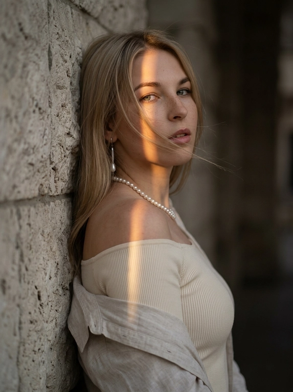 Luxury editorial portrait, кадр по плечи. Женщина стоит вплотную к светлой каменной стене.
Стена находится строго за её спиной и слева в кадре. К стене прижаты верхняя часть спины и левое плечо. Женщина стоит к камере боком, корпус развернут вправо в 3/4, грудь направлена от стены в сторону камеры. Голова резко повернута назад к камере и слегка наклонена вниз. Взгляд в камеру, губы слегка приоткрыты, выражение спокойное, уверенное. На ней молочный плотный топ в рубчик с открытыми плечами, сверху светлая льняная рубашка спущена с плеч. жемчужная нить на шее, длинная серьга с жемчугом. Волосы: несколько прядей слегка раздувает вечерний ветер, перекрывают лицо.
Тёмный закатный golden hour: узкая вертикальная полоса тёплого света освещает один глаз, часть лба, нос, шею и плечо, остальное в тени. Тёмный архитектурный фон мягкий.