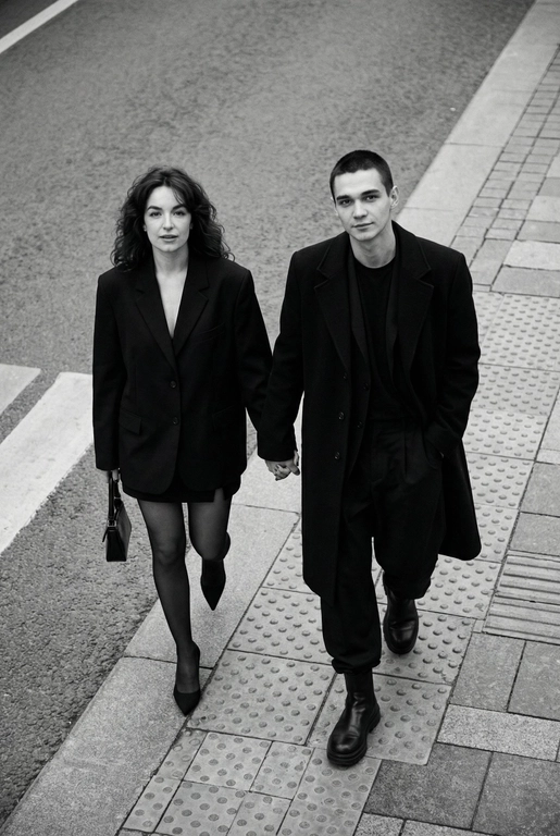 Черно-белая художественная фотография, ультрареализм, 8K, профессиональная съёмка; (оба): в кадре мужчина и женщина; каждый персонаж жёстко привязан к своему загруженному референсу, лица используются напрямую, без генерации, усреднения, подмены или смешения. Вид сверху под углом. Они идут по городской улице, держась за руки; шаг в движении, эффект «пойманного кадра». Смотрим вверх в камеру, выражение спокойное, уверенное, отстранённое.
Полностью чёрные образы modern classic: женщина — оверсайз-пиджак, короткое платье/юбка, плотные колготки, остроносые каблуки, маленькая сумка; мужчина — длинное пальто, свободный костюм, массивные ботинки.
Фон: асфальт, плитка, тактильная дорожка, геометрия.
Контрастный свет, мягкие тени, высокая детализация тканей.
Стиль: black & white, cinematic, high fashion, editorial, minimalism, street photography.
Качество: ultra high resolution, sharp focus, film grain, без ретуши.