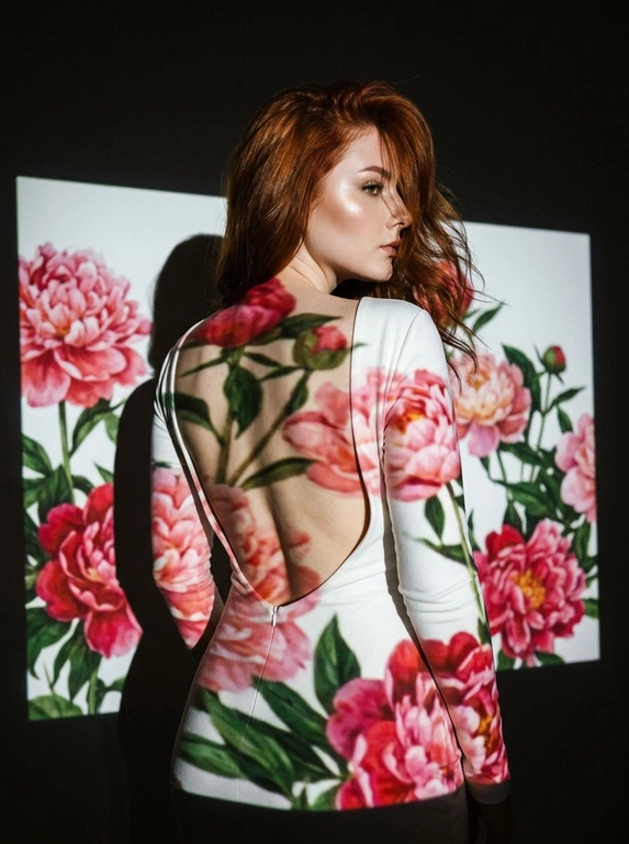 Кинематографический эффект с добавлением зерна. Ультрареалистичный портрет женщины, стоящей на фоне белой стены: её тело немного повёрнуто в сторону.  Фото с нижнего ракурса, фото со спины девушки. Макияж лёгкий: хайлайтер, длинные ресницы. На ней белое однотонное платье по фигуре, с открытой спиной и длинными рукавами. Она не смотрит в камеру. Освещение мягкое, с лёгким акцентом на её лицо, создающее нежные тени и подчёркивающее черты. Вокруг темно — светит только проектор с изображением ярких пионов прямо на девушку и на стену за ней. Только один источник света — проектор.


Какая будет прическа?: Волосы перекинуты на одну сторону и частично падают на лицо