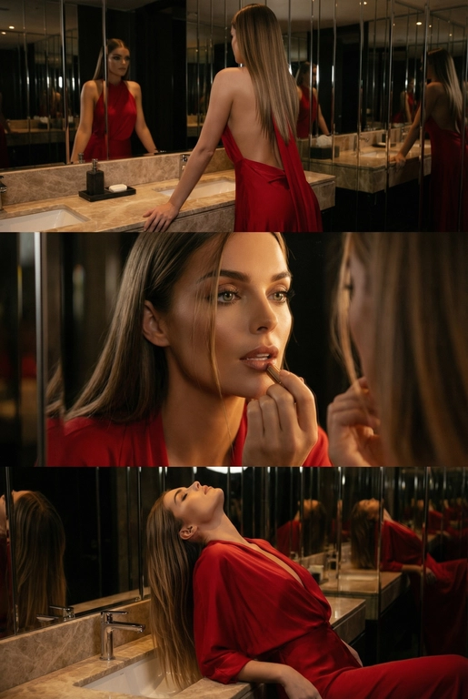Создай не меняя черты лица. Экстремально реалистичный кинематографичный триптих, как живая серия фотографий из Instagram, снятая в зеркальном туалете дорогого ресторана. Вечер, интимная атмосфера, отражения в зеркалах, приглушённый свет, ощущение роскоши и ускользающего момента. Весь триптих объединён одним образом и единым настроением, с лёгким зерном, как будто кадры сняты в движении, естественно. В верхней части женщина стоит спиной облокотившись на раковину рукой, лицо в тени спина освещена, в отражениях зеркал видна её фигура, на ней одно и то же красное платье с открытой спиной, ткань струится и выглядит дорого, чувственно. Свет мягко скользит по плечам и линии спины, создавая глубокие тени и драматичный силуэт. В средней части экстремально близкий ракурс лица через зеркало, женщина смотрит на своё отражение и поправляет помаду, жест живой и естественный. Лицо частично в фокусе, частично слегка размыто, ощущение движения и дыхания кадра. Пышные ресницы, выразительный взгляд, блики света в зеркале, локоны из пучка падают на лицо, добавляя интимности. В нижней части девушка запрокинула голову и облокотилась о раковину, глаза закрыты, поза расслабленная, уязвимая, словно она на секунду выпала из шумного вечера. Платье то же самое, красное, ткань ловит приглушённый свет, усиливая глубину цвета и теней. Во всех кадрах приглушённое освещение, cinematic lighting, мягкие тени, отражения зеркал, лёгкое зерно и небольшой motion blur без резкой чёткости и глянца. Цвета глубокие, насыщенные, но сдержанные. Общий стиль ультрареализм, кинематографическая эстетика, эффект настоящего Instagram-триптиха, ощущение пойманного момента, живо, чувственно и очень реалистично, как кадры из личного архива.
Не меняй черты лица. Длинные,прямые волосы