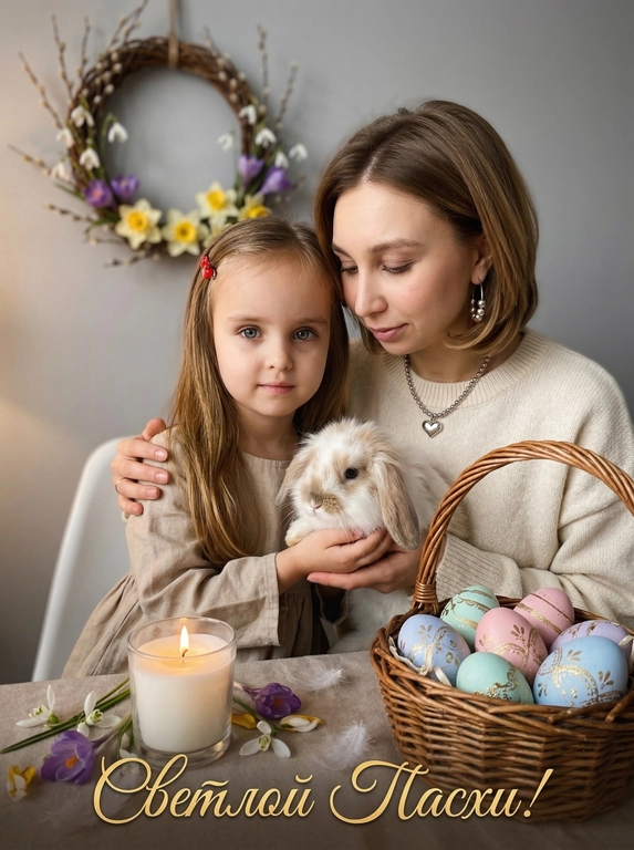 Две модели сидят вместе в уютной пасхальной обстановке. Одна модель сидит спереди, слегка повернувшись к камере, с волосами как у референса. Одежда нейтрального тёплого оттенка. Вторая модель сидит рядом, нежно обнимая первую за плечи, с волосами как у референса. Одежда нейтрального тёплого оттенка, без выраженных гендерных деталей. Выражение лица мягкое, заботливое, с тёплой нежностью. Обе держат вместе пушистого кролика с длинными ушами.
На переднем плане плетёная корзина из натуральной лозы с пасхальными яйцами пастельных тонов — голубыми, розовыми, мятными, лавандовыми, украшенными золотыми узорами и блестящими деталями. Рядом белая свеча в стеклянном подсвечнике с тёплым огоньком, рассыпаны лепестки весенних цветов и маленькие перышки.
Фон нейтрально-серый с пастельным оттенком, мягко размыт, с силуэтом пасхального венка из вербы и первоцветов — подснежников, крокусов, нарциссов. Мягкое освещение падает слева, подчёркивая текстуру кожи, шерсть кролика и блеск пасхальных яиц. Атмосфера нежности, умиротворения и сказочного пасхального утра, ощущение традиций и тёплой заботы.
Фотореалистичное изображение, высокая детализация текстур, 8K разрешение, профессиональная праздничная фотосессия. Оставь лица и возраст с исходного фото. 
Внизу красивая золотая надпись.

Какая будет надпись?: Внизу красивая золотая надпись «Светлой Пасхи!».