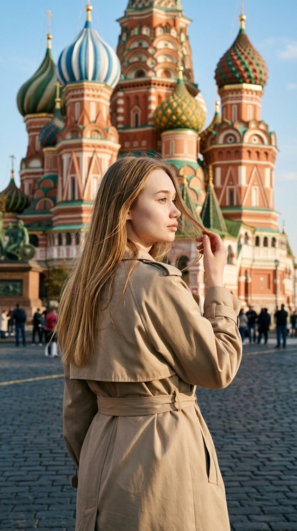 Фотореалистичная атмосферная фотография женщины на фоне Собора Василия Блаженного в Москве. Женщина стоит спиной и боком к камере, корпус развёрнут от объектива, голова повернута в профиль вправо, взгляд направлен вдаль. Одна рука поднята к волосам, пальцы легко касаются прядей у лица.

Волосы слегка развеваются на ветру и подсвечены солнцем.

Макияж soft glam: естественная текстура кожи, мягкий румянец, аккуратные брови, тонкая коричневая стрелка, выразительные ресницы и натуральные пудрово-розовые губы.

На женщине элегантный бежевый тренч классического кроя с широкими лацканами, объёмными рукавами и поясом на талии. Ткань плотная, матовая, держит форму. Образ выглядит сдержанно, дорого и подходит под городской travel-fashion кадр.

Собор Василия Блаженного занимает большую часть заднего плана, хорошо читаются красно-белые фасады и разноцветные купола. Женщина расположена в нижней центральной части кадра, архитектура эффектно возвышается над ней.

Камера находится немного ниже уровня плеч и снимает слегка снизу вверх, подчёркивая масштаб собора. Средний план, женщина показана примерно от бёдер.

Яркий солнечный дневной свет. Солнце находится сбоку и немного сзади, создавая золотистый контровой свет по волосам и плечам, естественные блики и мягкие тени на лице.

Чистое голубое небо, лёгкая летняя дымка, натуральная городская атмосфера, высокая детализация архитектуры, реалистичная текстура кожи и волос, лёгкая плёночная обработка, живой travel-fashion кадр без AI-эффекта.