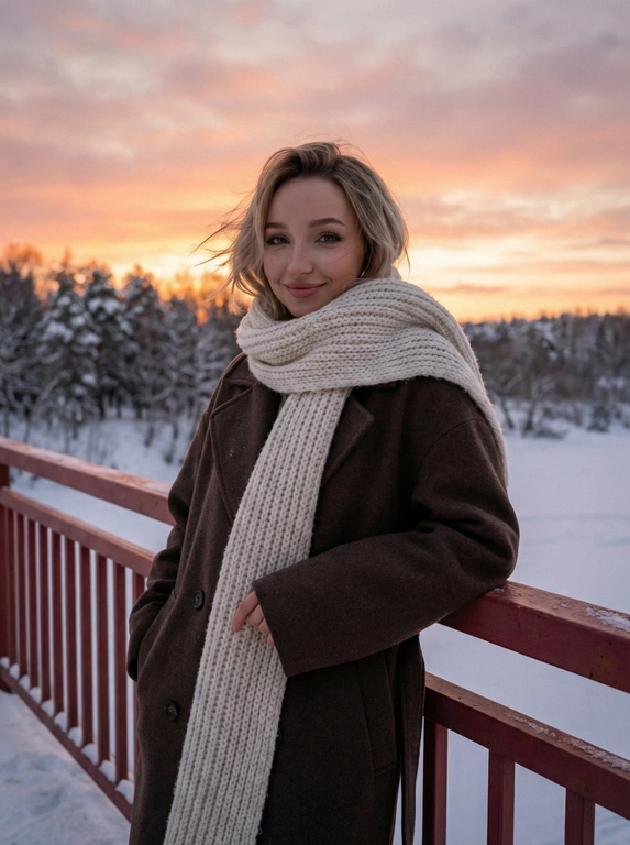   Создай портрет, не меняя черты лица.Женщина   На фоне красивого зимнего заката. Одета в темно коричневое оверсайз пальто, молочный большой шарф, волосы развивает ветер, легкая улыбка, макияж безупречный.  Она  опирается на красные перила моста. Зимний пейзаж, заснеженные деревья на заднем плане, сумерки. Мягкое закатное освещение, приглушенные цвета, кинематографичный стиль, легкая зернистость пленки, высокая детализация, 8К.
