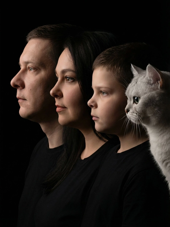 Профессиональный студийный портрет с низким контрастным светом. Головы расположены строго в одну линию. боковой профиль, взгляд влево. У всех видны только головы и немного плечи. Головы занимают весь кадр. Черный фон. Черная одежда у всех. Расположи их в таком порядке: мужчина, женщина, мальчик, кот