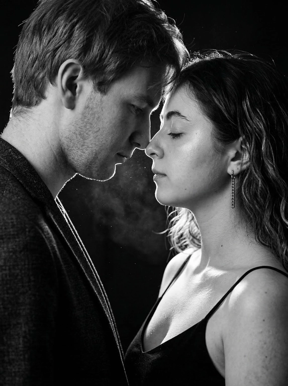 Фотореалистичный чёрно-белый кинематографичный портрет пары в тёмной студии. Сохранить внешность по загруженным фото: черты лица, пропорции, возраст, форму глаз/носа/губ, текстуру кожи и естественную мимику — без идеализации и изменений.
Крупный план по пояс, профиль к профилю. Мужчина слева, женщина справа. Они стоят очень близко, лбы и кончики носов почти соприкасаются, момент «перед поцелуем». Взгляд опущен (не в камеру): он смотрит вниз/на её губы, она закрывает глаза или смотрит вниз, выражение тихое и нежное. Между ними минимальная дистанция, без улыбок, атмосфера интимная и спокойная.
Мужчина в тёмной рубашке/пиджаке. Женщина в чёрном платье/топе на тонких бретелях, открытые плечи, серьга-цепочка, кожа с естественным бликом.
Свет: жёсткий контровой/рисующий свет сзади и чуть сбоку (rim light), сильная световая окантовка по волосам и профилям, передняя часть лица в мягкой полутени. В воздухе видны мелкие пылинки/частицы, подсвеченные контровым светом, лёгкий кинематографичный дым/хейз (очень деликатно). Фон полностью чёрный, без деталей.
Оптика/съёмка: 85mm, f/1.8-2.2, малая ГРИП, резкость на линии нос-лоб, остальное плавно уходит в мягкое боке.
Высокий контраст, глубокие чёрные, яркие хайлайты по волосам, плёночное зерно, лёгкий glow на контуре, без «пластика» и без пересвета на коже.