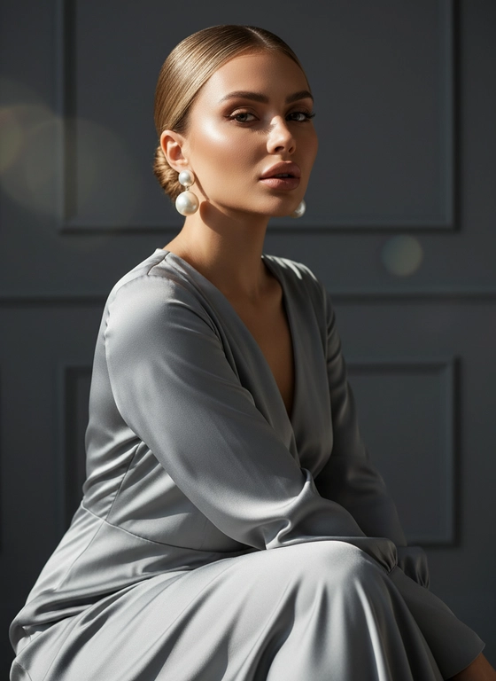создай портрет, не меняя черты лица. кинематографический портрет крупным планом, Модель сидит в расслабленной позе, слегка наклонив туловище вперед, смотрит в камеру, губы слегка приоткрыты, подбородок приподнят.  На ней струящееся шелковое платье серого увета.  Яркий солнечный свет освещает ее лицо, подчеркивая структуру костей, скулы и сияющую бронзовую кожу. Ее волосы аккуратно уложены в низкий гладкий пучок. Крупные жемчужные круглой формы серьги переливаются на солнце. Фон - темно-серая стена с мягким акцентом и едва заметными солнечными бликами. Атмосфера утонченная и кинематографичная, она создает ощущение современного шика и внутреннего покоя. Цветовая палитра включает графит, жемчужно-белый и теплую бронзу, а мягкий свет подчеркивает сияние кожи и ткани. Снимок сделан в стиле серии портретов Vogue, в котором достигнут идеальный баланс света, тени и сдержанной роскоши.снятый на камеру Leica SL2-S с объективом Noctilux 50 мм f/0.95.
