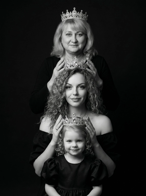 Это студийный портрет, выполненный в драматичном черно-белом стиле. Фон черный. В кадре три женщины разного возраста: две женщины и один ребёнок. Они расположены вертикально друг над другом, образуя «башню». Каждая женщина одета в темную одежду, у всех одежда разного стиля. Верхняя женщина в топе с длинными рукавами, у нее корона на голове . Следующая в платье с открытыми плечами. И ребёнок в платье с рукавами-фонариками.
У каждой на голове корона, которую предыдущая женщина держит руками. Все смотрят в камеру с нежным выражением лица, с лёгкой улыбкой Освещение мягкое, акцент сделан на лицах. Цветовая гамма монохромная, с преобладанием черного и серебристого (от корон). Атмосфера торжественная и немного загадочная. Не меняй черты лица, цвет волос и цвет глаз.