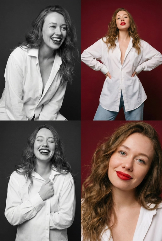 Коллаж из четырёх студийных портретов одной женщины, расположенных в сетке 2×2. Не меняй внешность, цвет и текстуру волос. Все кадры сняты в модном editorial-стиле. Образ — естественная красота, лёгкая небрежность, живые эмоции.
Женщина имеет естественный макияж с акцентом на красные губы. На ней белая очень свободная рубашка мужского кроя на несколько размеров больше, частично расстёгнутая, подчёркивающая линию декольте. В отдельных кадрах она слегка придерживает рубашку руками.
Эмоции и позы:
Верхний левый кадр — чёрно-белый, она наклоняется вперёд, смеётся, взгляд в сторону, живой момент.
Верхний правый — цветной, красный студийный фон, руки на бёдрах, уверенный фэшн-портрет. Снято с нижнего ракурса. Видно часть ее светлых джинс.
Нижний левый — чёрно-белый, она смеётся с закрытыми глазами, держит рубашку у груди, расслабленная поза.
Нижний правый — цветной, крупный портрет, легкая улыбка, слегка наклонила голову в сторону, тёплая улыбка, акцент на губах.
Фон: для цветных кадров — глубокий красный студийный фон, для чёрно-белых — нейтральный тёмный фон.
Освещение: мягкий студийный свет, подчёркивающий текстуру кожи, волосы и складки рубашки. Без жёстких теней.
Композиция: кадры слегка разные по ракурсу, создают ощущение живой съёмки backstage.
Стиль: fashion editorial, lifestyle, natural sexy, cinematic soft light, analog photo vibe, magazine photoshoot, ultra realistic, high detail, skin texture visible, 8k. Волосы распущены и уложены в объемную естественную укладку
