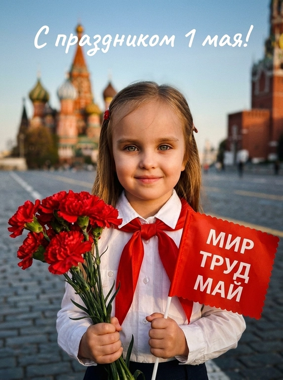 Создай портрет этого персонажа, полностью сохраняя черты лица с референсного фото без каких-либо изменений (форма глаз, носа, губ, овал лица, пропорции — идентичны оригиналу).
Освещение и атмосфера:
Снимок сделан в золотой час — мягкий тёплый свет заливает сцену сбоку, создавая нежные блики на коже и волосах. Зернистая плёночная текстура, высокая контрастность, кинематографичная цветокоррекция в тёплых янтарно-красных тонах.
Одежда: в советском стиле пионера, красный пионерский галстук.
Композиция и поза:
Поясной портрет, персонаж стоит вполоборота. В одной руке держит букет свежих красных гвоздик с зелёными листьями. В другой руке — небольшой красный флажок с фигурным вырезанным краем (зубчатым). На флажке чётко читается надпись на русском языке по центру в три строки крупным белым шрифтом: «МИР ТРУД МАЙ».
Выражение лица:
Искреннее, счастливое, с лёгкой тёплой улыбкой. Глаза светятся радостью, взгляд направлен в камеру.
Фон:
Красная площадь в Москве в золотой час. На заднем плане видны размытые силуэты Собора Василия Блаженного с его разноцветными куполами и красная кирпичная стена Кремля. Брусчатка площади. Мягкое боке, фон не отвлекает от модели, но узнаваем.
Технические параметры:
Высокая детализация — видна текстура кожи (поры, лёгкий пушок), переплетение нитей кружева, отдельные волоски, лепестки гвоздик. Профессиональная портретная съёмка, объектив 85mm f/1.8, реалистичный фотостиль.

Наверху подпись белым рукописным шрифтом.

Текст подписи:: С праздником 1 мая!